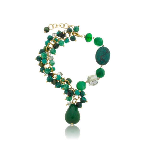 PULSEIRA CACHO DE PEDRA NATURAL MIX PEDRAS VERDES BANHADO À OURO 18K