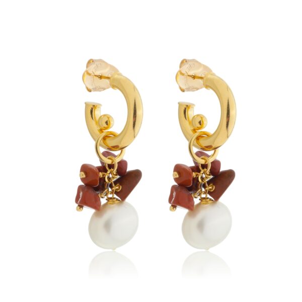 BRINCO ARGOLA MIA PÉROLA SHELL E PEDRA JASPE VERMELHO BANHADO À OURO 18K